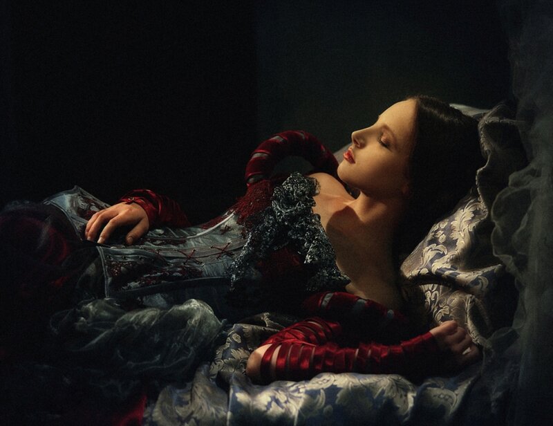 Woman in Ornate Dress — Red, Dramatic, Night, Photograph