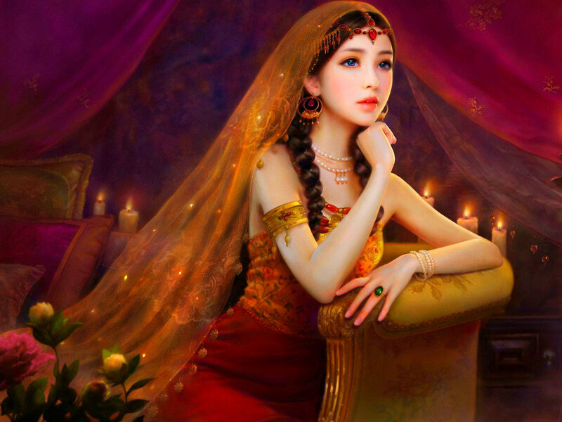 Woman in Ornate Dress — Red, Dramatic, Night