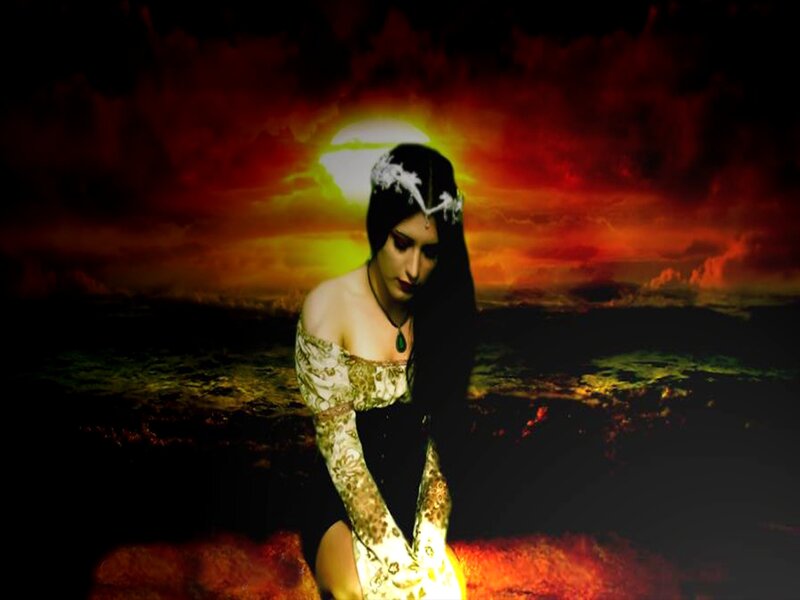 Woman in Ornate Dress — Red, Dramatic, Sunset, Digital Art