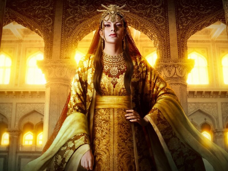 Woman in Ornate Gold Dress — Dramatic