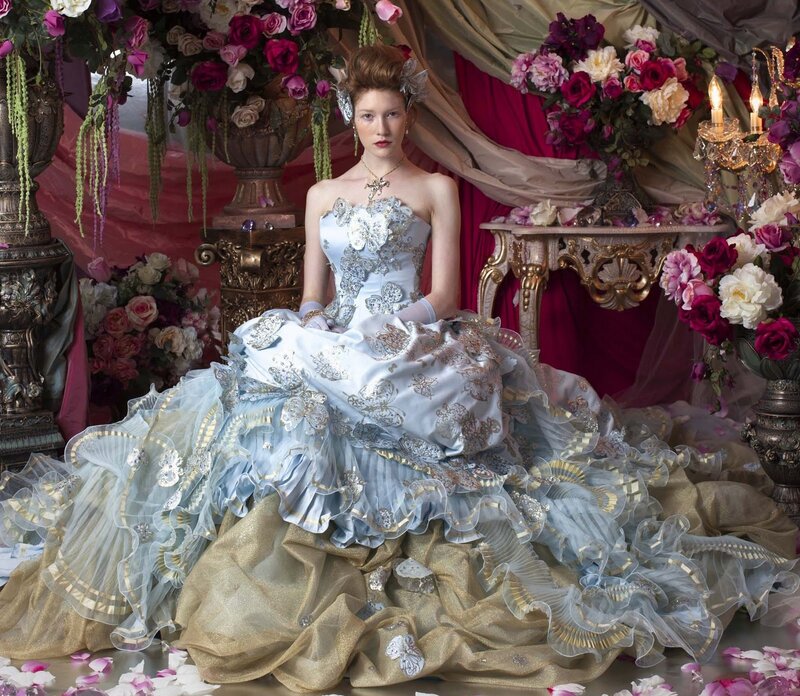 Woman in Ornate Gown — Blue, Dramatic, Photograph