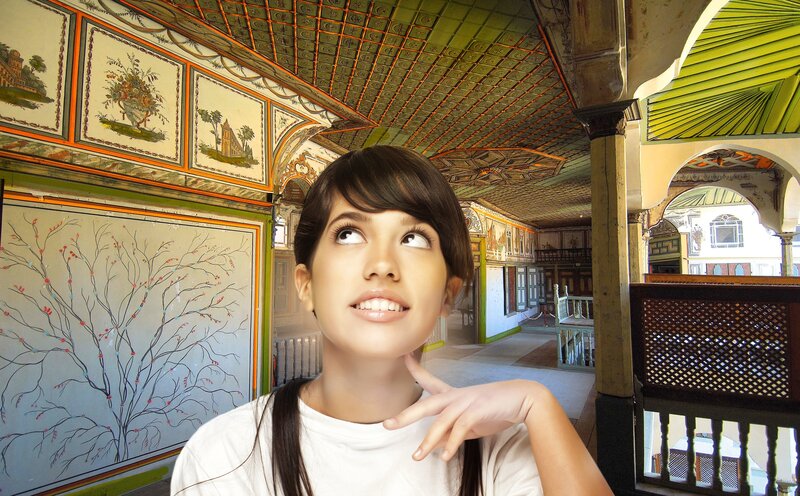 woman in ornate hall