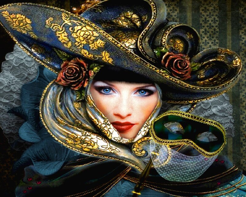 Woman in Ornate Hat — Blue, Dramatic