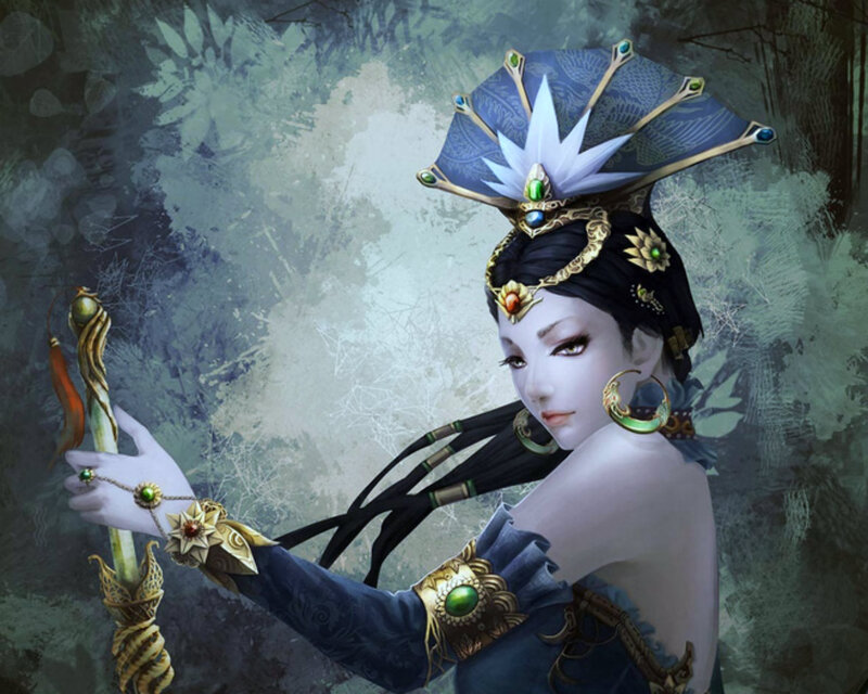Woman in Ornate Headdress — Blue, Dramatic