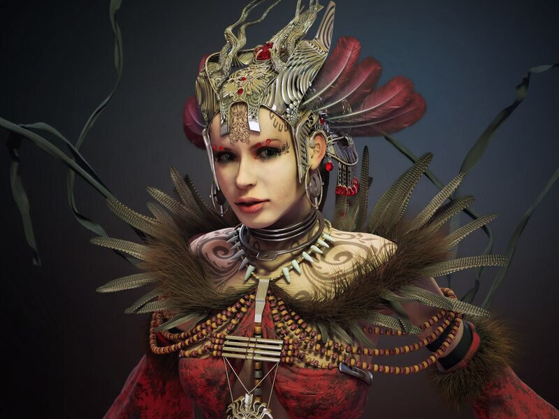 Woman in Ornate Headdress — Red, Dramatic, 3d Render