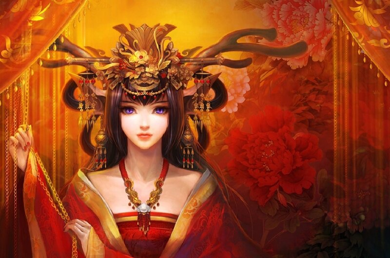 Woman in Ornate Headdress — Red, Dramatic, Digital Art, Flowers