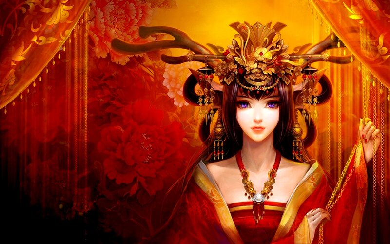 Woman in Ornate Headdress — Red, Dramatic
