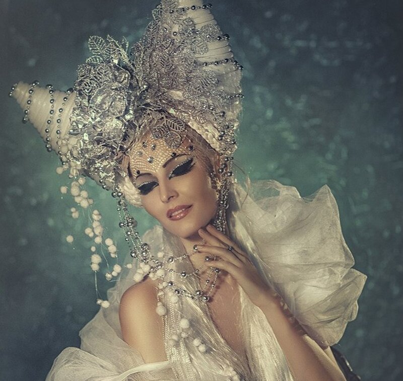 Woman in Ornate Headdress — White, Dramatic
