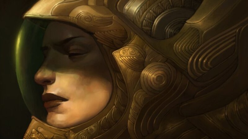 woman in ornate helmet
