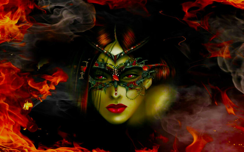 Woman in Ornate Mask — Black, Dramatic