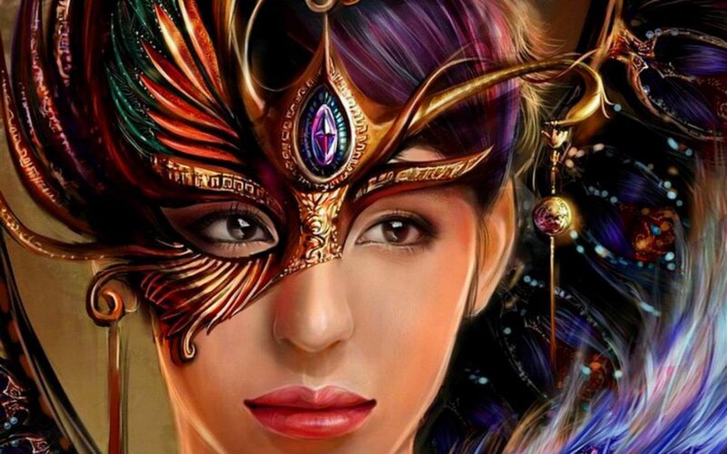 Woman in Ornate Mask — Purple, Dramatic, Digital Art, Feathers, Jewel