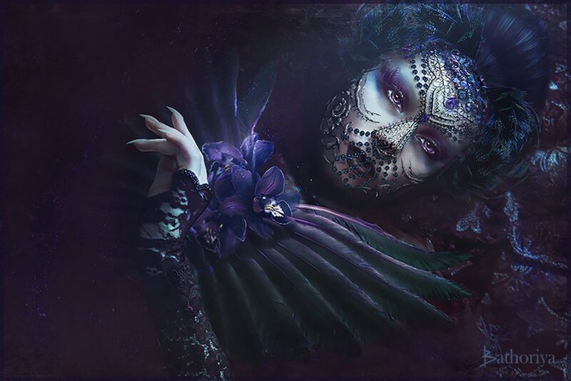 Woman in Ornate Mask — Purple, Dramatic, Night