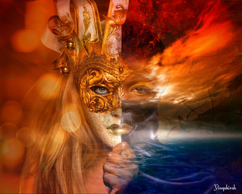 Woman in Ornate Mask — Red, Dramatic, Digital Art