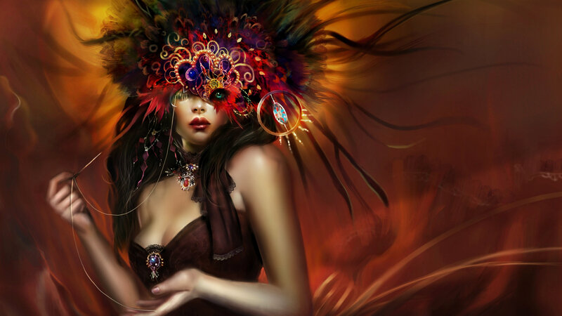 Woman in Ornate Mask — Red, Dramatic