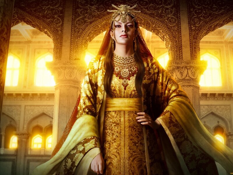 Woman in Ornate Robe — Gold, Dramatic