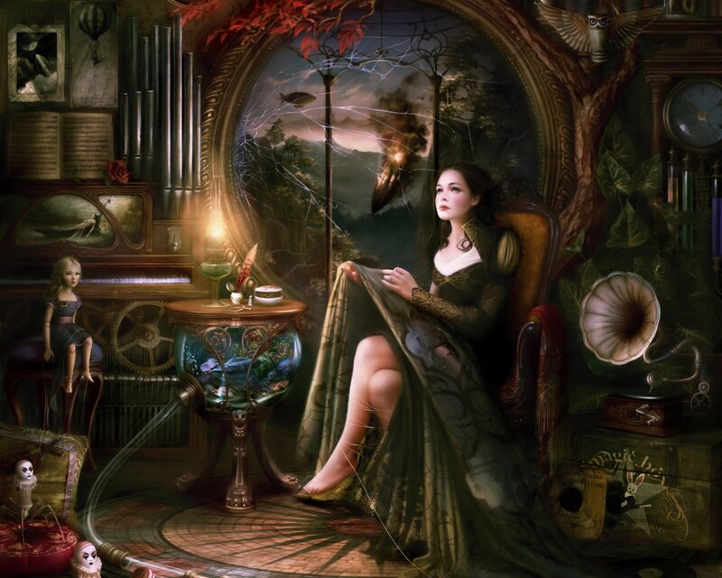 Woman in Ornate Room — Green, Dramatic