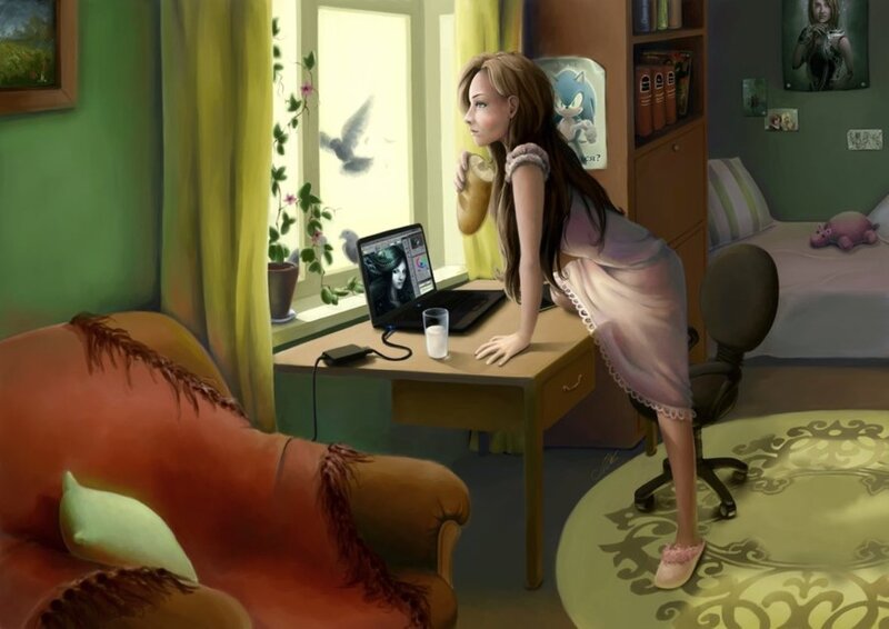 Woman in Pajamas at Desk