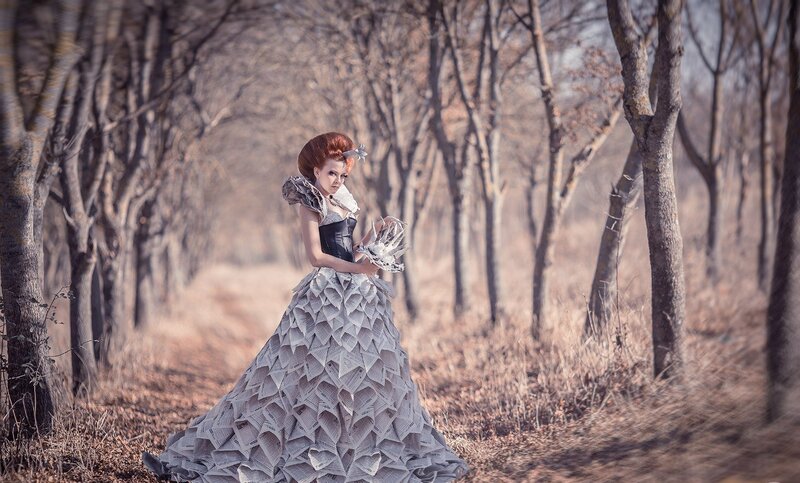 Woman in Paper Dress — Gray, Dramatic