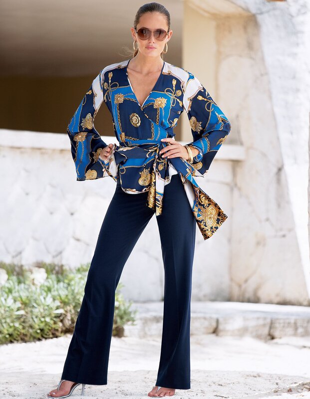 Woman in Patterned Blouse — Blue, Confident
