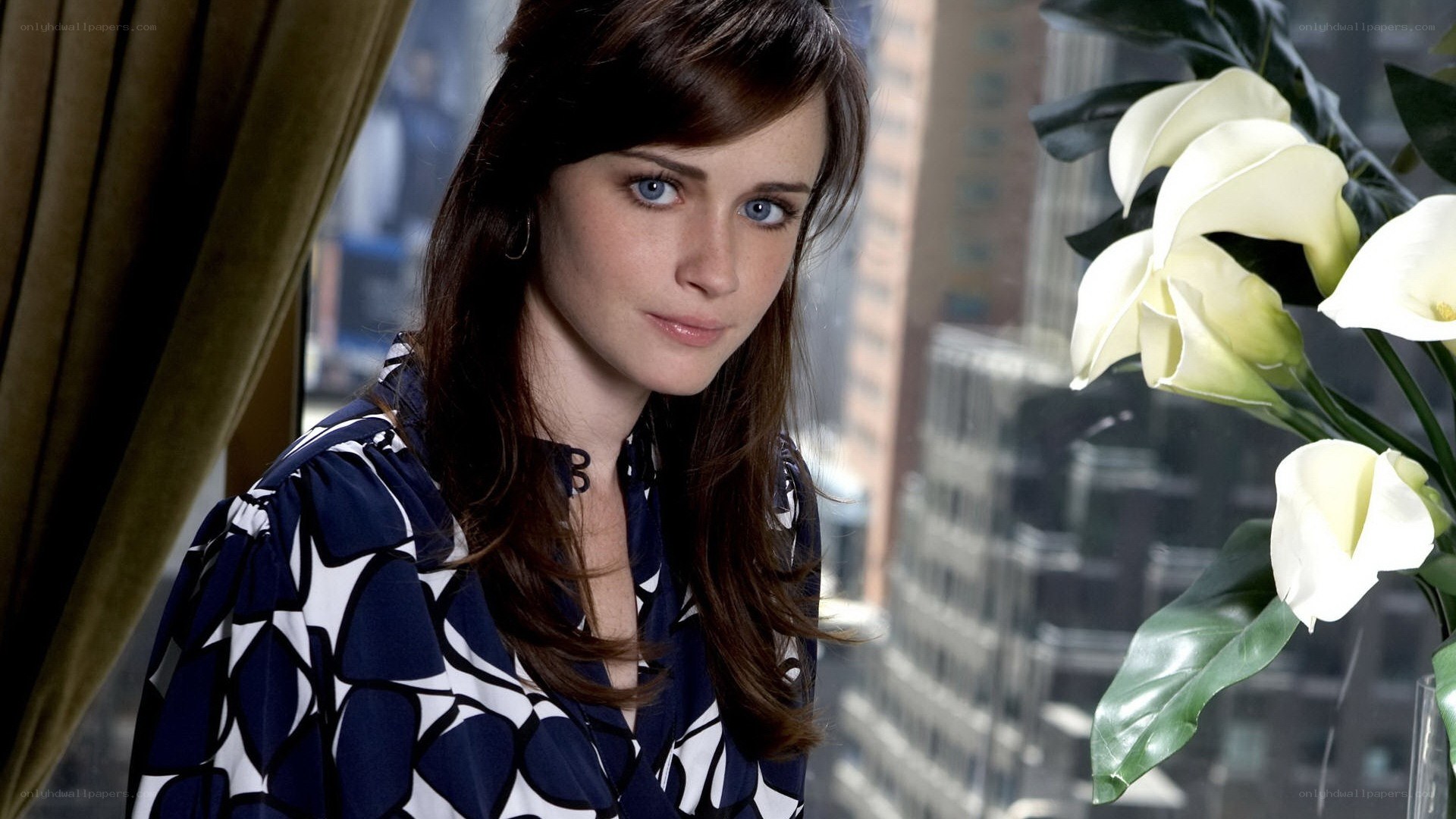 woman in patterned blouse near window