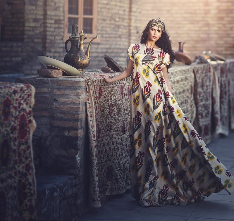 Woman in Patterned Dress — Beige, Dramatic, Afternoon