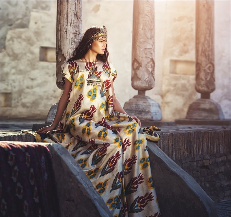 Woman in Patterned Dress — Beige, Dramatic