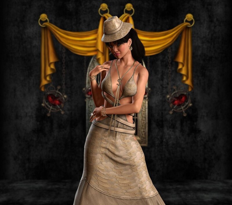 Woman in Patterned Dress — Black, Dramatic, 3d Render