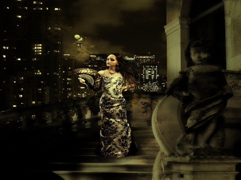 Woman in Patterned Dress — Black, Dramatic, Night