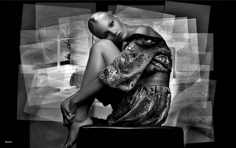 Woman in Patterned Dress — Black, Dramatic, Photograph, Chair, Overlapping Panels