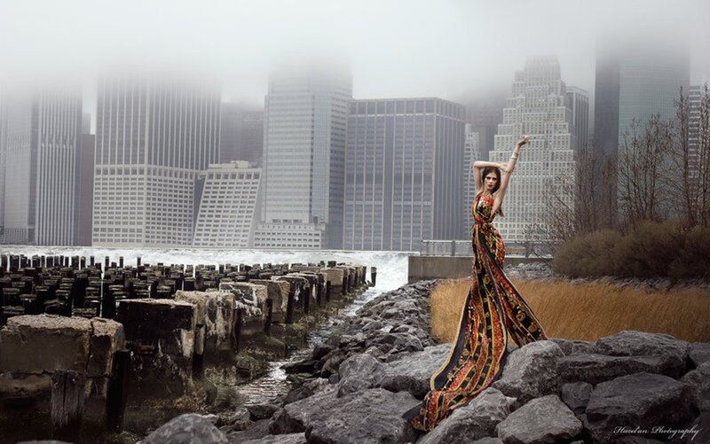 Woman in Patterned Dress — Black, Dramatic, Photograph, City Skyline