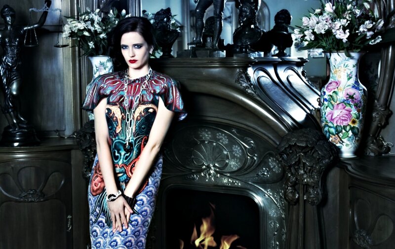 Woman in Patterned Dress — Black, Dramatic, Photograph, Fireplace
