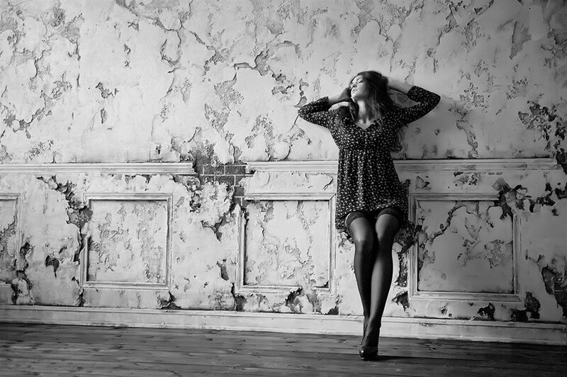Woman in Patterned Dress — Black, Dramatic, Photograph, Peeling Wall