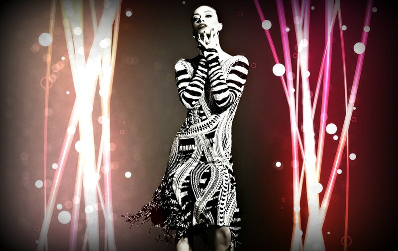 Woman in Patterned Dress — Black, Dramatic, Photograph, Striped Dress