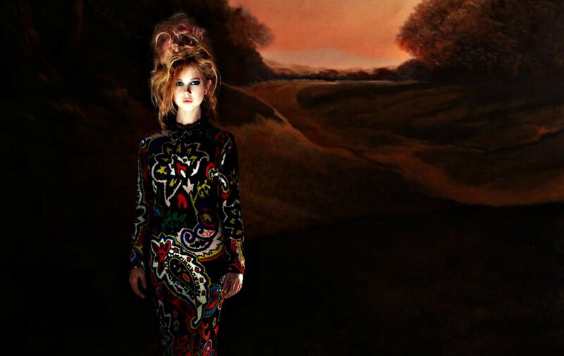 Woman in Patterned Dress — Black, Dramatic, Sunset