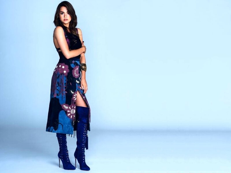 Woman in Patterned Dress — Blue, Confident, Photograph, Boots, Bracelet