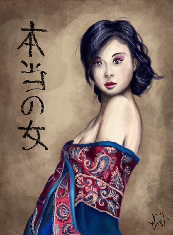 Woman in Patterned Dress — Blue, Dramatic, Digital Art