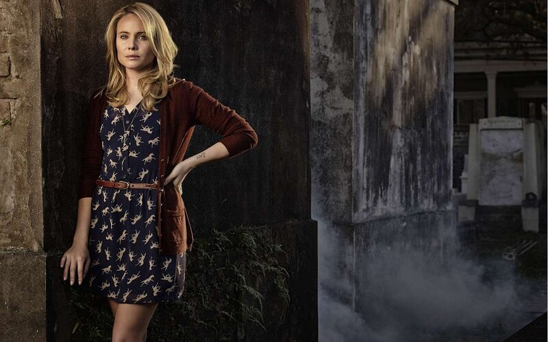Woman in Patterned Dress — Blue, Dramatic, Night, Photograph, Cardigan