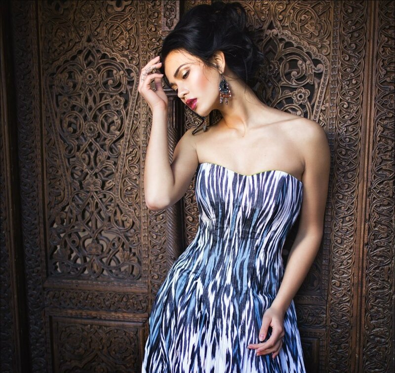 Woman in Patterned Dress — Blue, Dramatic, Photograph, Earrings, Carved Wood