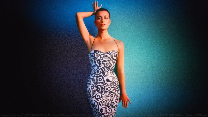 Woman in Patterned Dress — Blue, Dramatic, Photograph, Hand