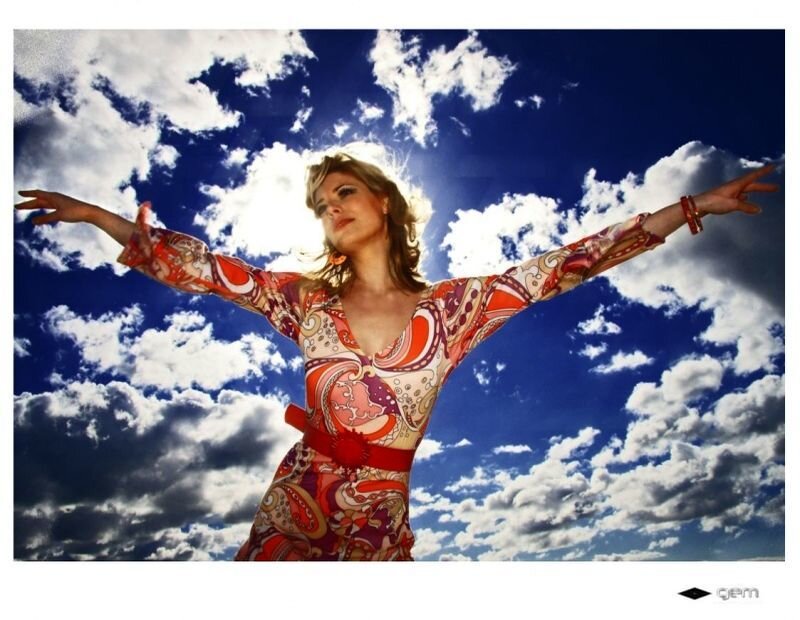 Woman in Patterned Dress — Blue, Dramatic