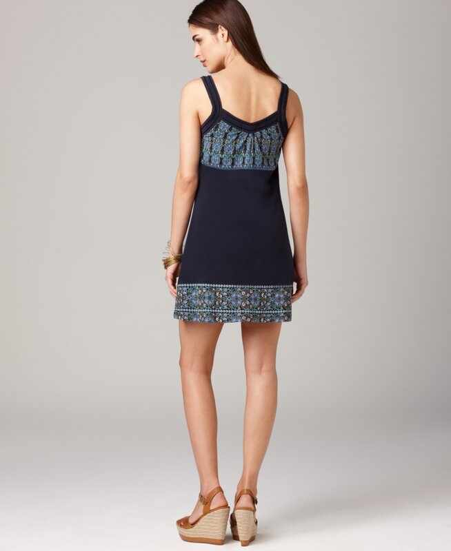 Woman in Patterned Dress — Blue, Neutral, Photograph, Wedge Sandals