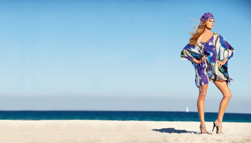 Woman in Patterned Dress — Blue, Serene, Afternoon, Photograph, Beach