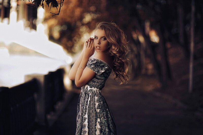 Woman in Patterned Dress — Brown, Dramatic, Sunset