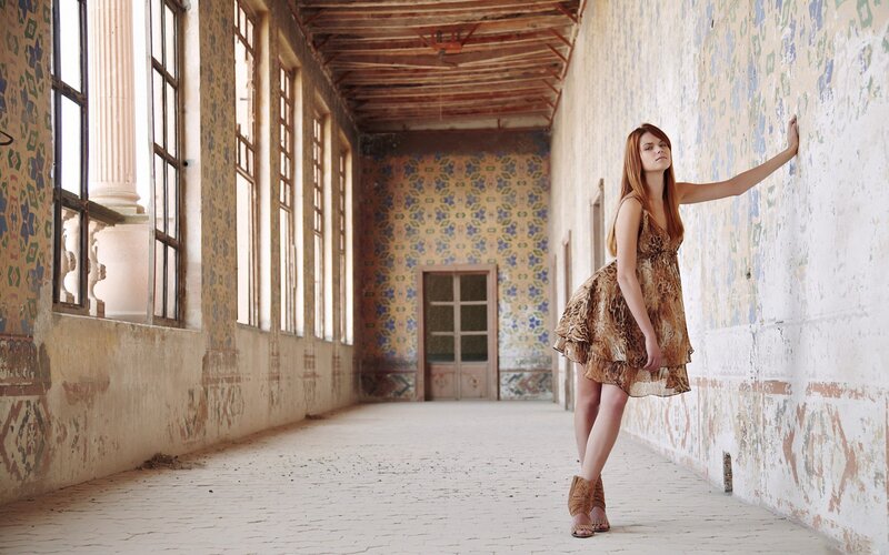 Woman in Patterned Dress — Brown, Serene, Afternoon, Photograph