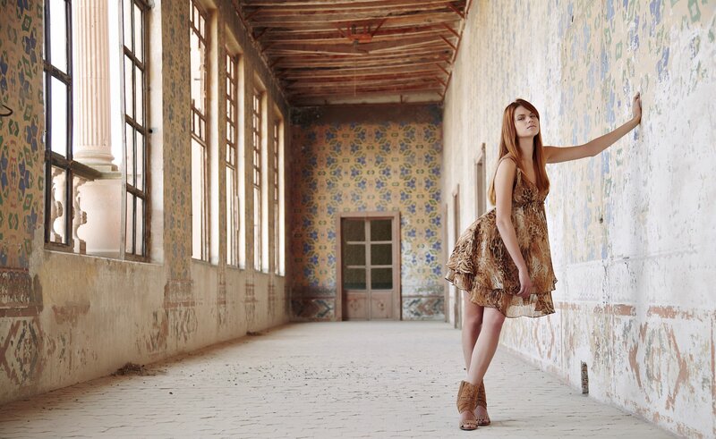 Woman in Patterned Dress — Brown, Serene, Afternoon, Photograph, Wall