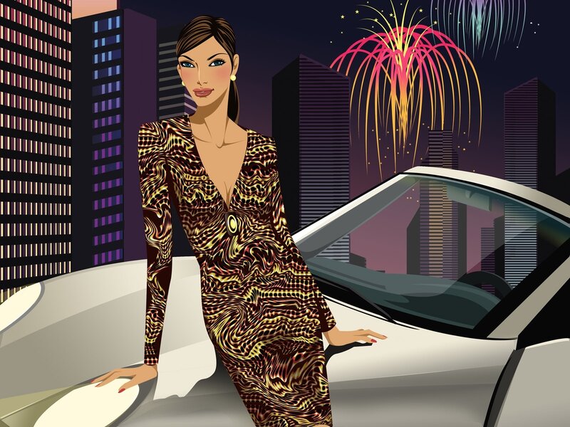 woman in patterned dress by car