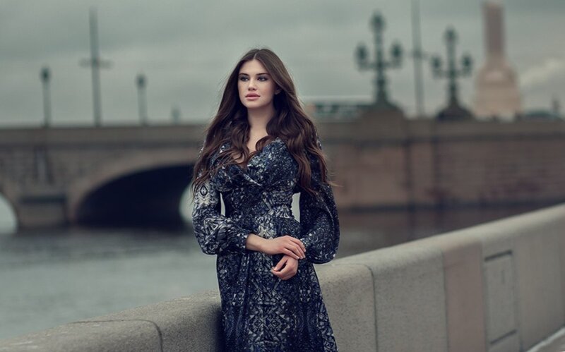 Woman in Patterned Dress — Gray, Dramatic