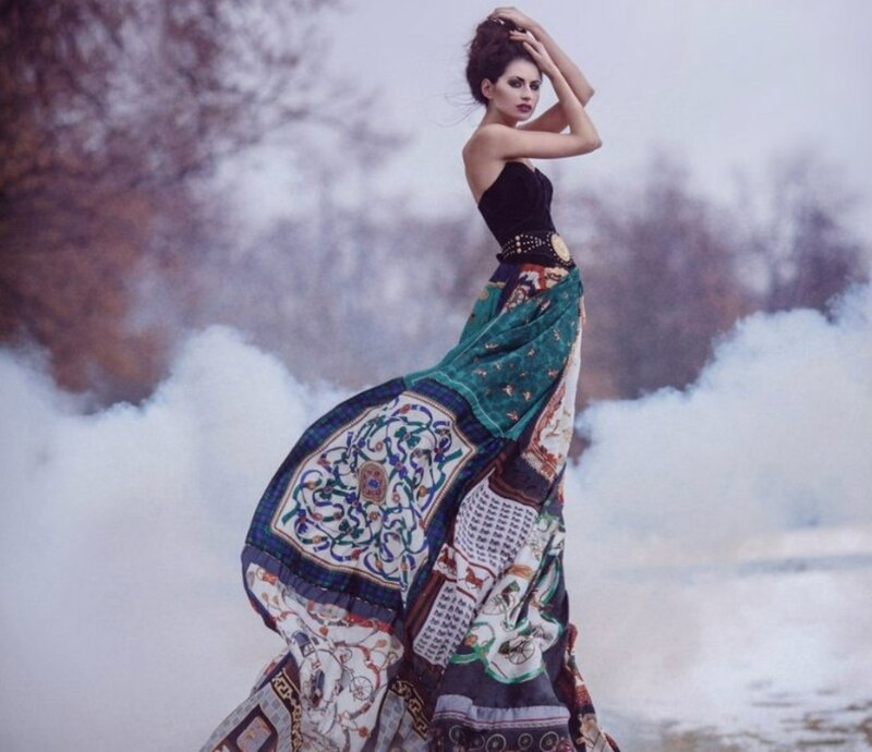 Woman in Patterned Dress — Green, Dramatic, Autumn