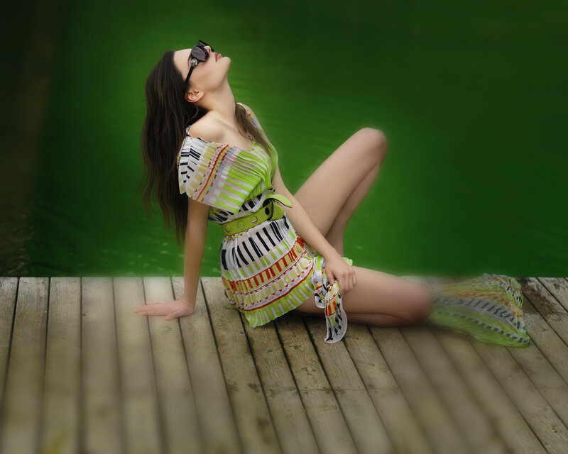 Woman in Patterned Dress — Green, Relaxed