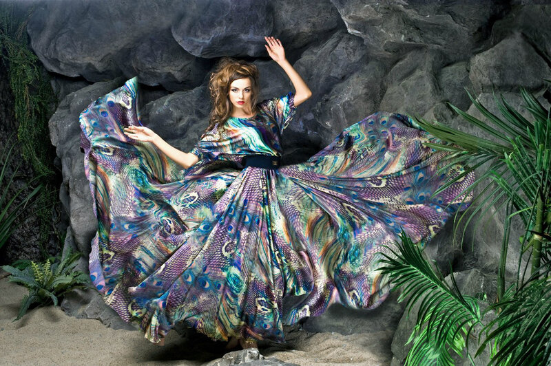 Woman in Patterned Dress — Purple, Dramatic, Photograph